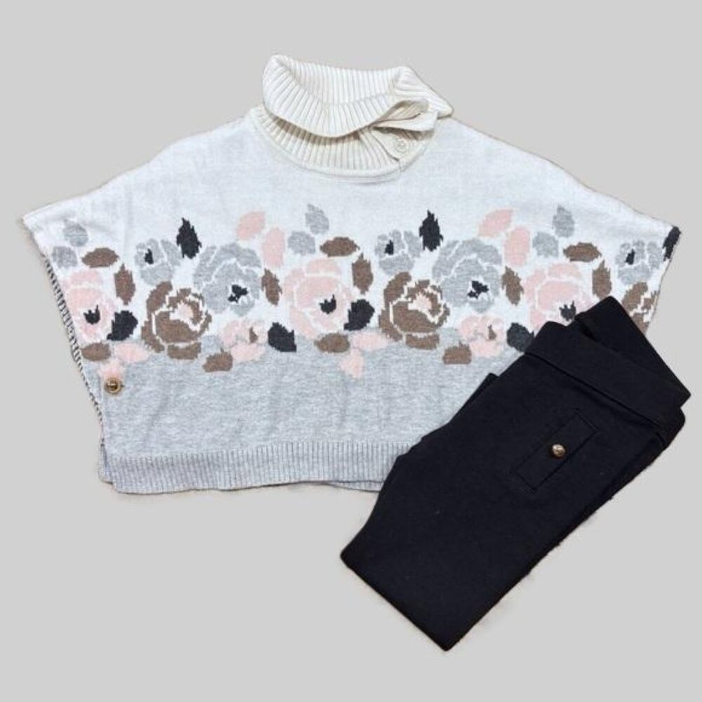 Janie and Jack Cream, Light Gray & Black Floral Knit Poncho with Black Leggings